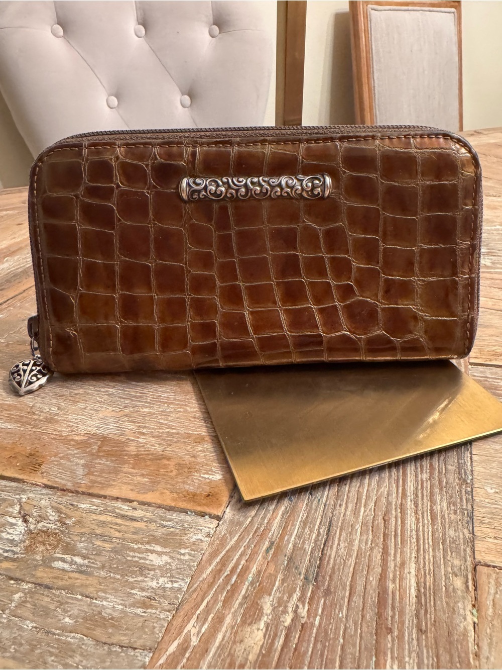 Brighton Brown Croc-Textured Zip Wallet